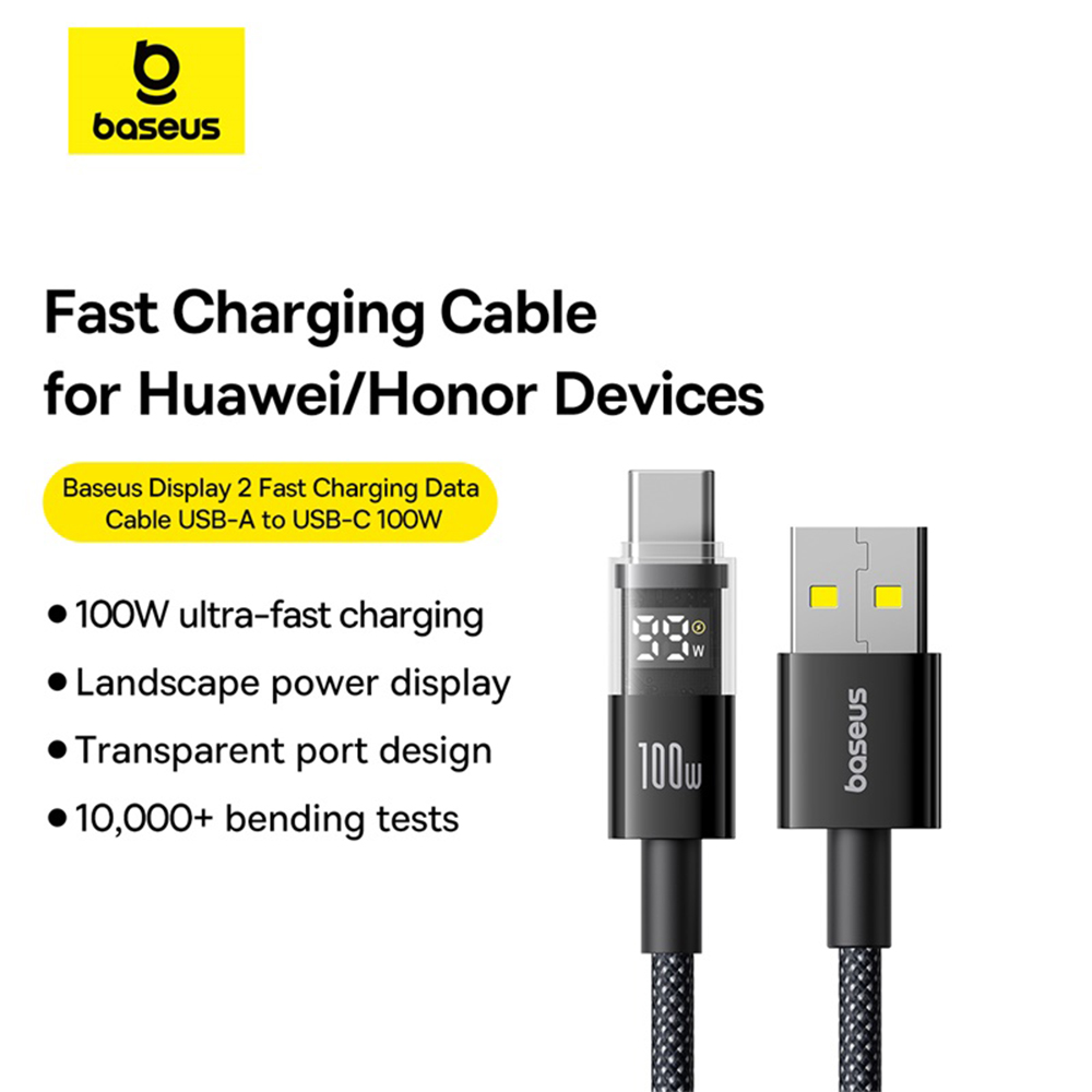 Data Cable with Digital Display, USB to Type-C, 100W, 2m - Baseus Display 2 (P10382701111-00) - Cosmic Black