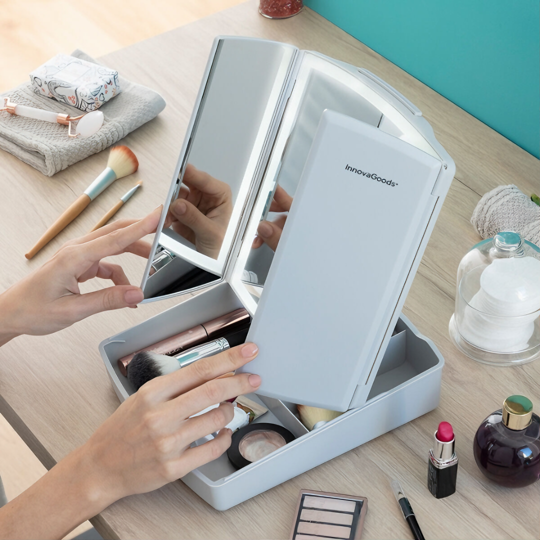 3-In-1 Folding LED Mirror with Make-up Organiser Panomir