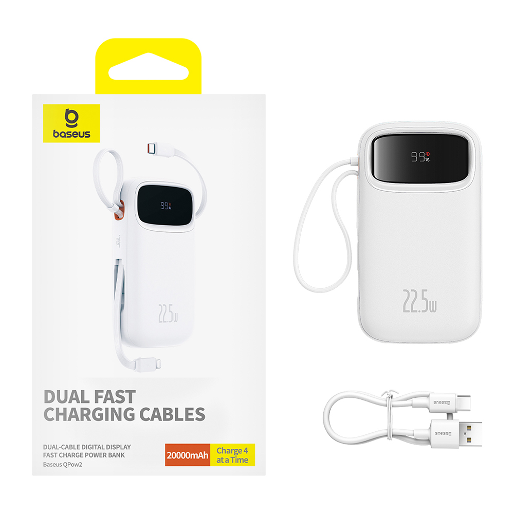 External Battery Pack Lightning, 2x Type-C, USB, 22.5W, 20000mAh + Type-C Cable, 30cm - Baseus Qpow Pro+ (P1005555002223-00) - White