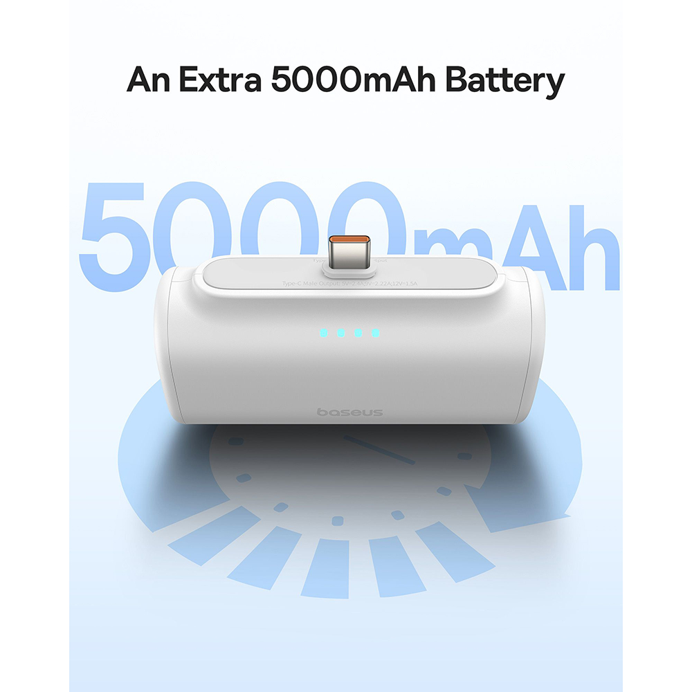 Power Bank for Phone, Lightning, 20W, 5000mAh, Type-C Cable - Baseus (P10068307413-00) - White