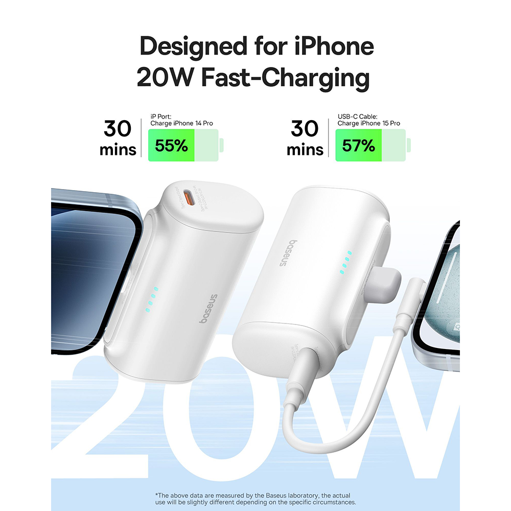 Power Bank for Phone, Lightning, 20W, 5000mAh, Type-C Cable - Baseus (P10068307413-00) - White