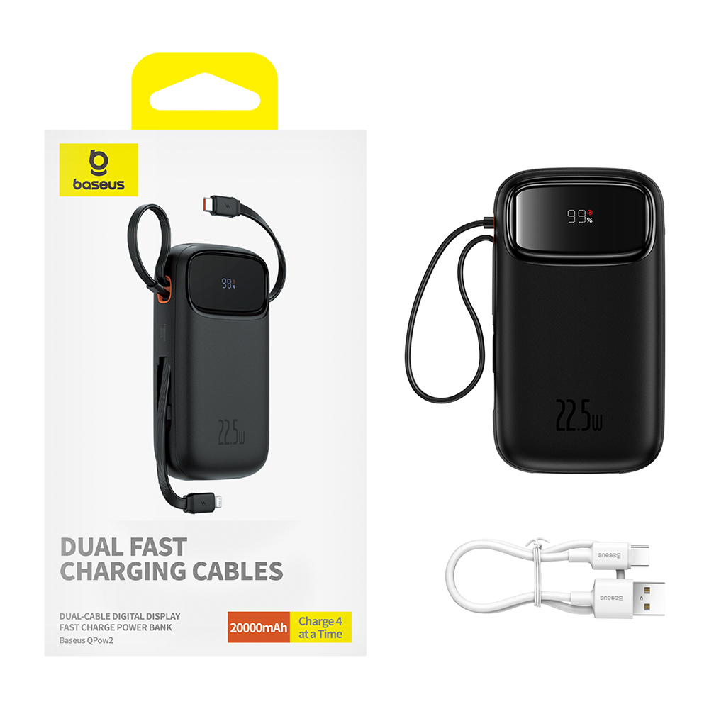 External Battery Pack Lightning, 2x Type-C, USB, 22.5W, 20000mAh + Type-C Cable, 30cm - Baseus Qpow Pro+ (P1005555002113-00) - Black