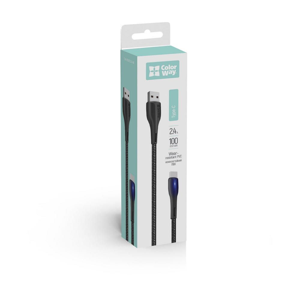 USB to Type-C cable, LED, 2.4A, 1m - ColorWay (CW-C-CBUC034-BK) - Black