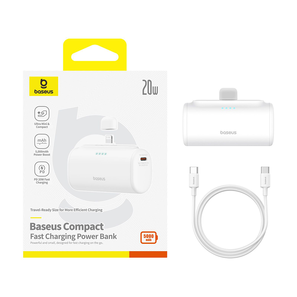 Power Bank for Phone, Lightning, 20W, 5000mAh, Type-C Cable - Baseus (P10068307413-00) - White