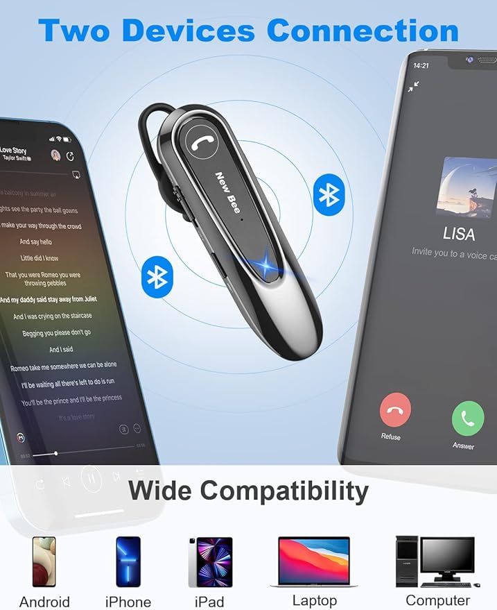 ew Bee LC-B45 Bluetooth Hands-Free Headset - Bluetooth 5.0 - Up to 20 Hours of Talk Time