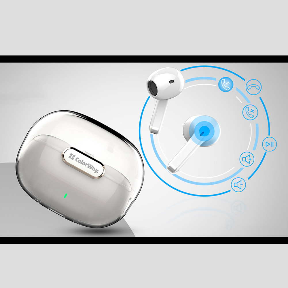 Half-In-Ear Headphones, Bluetooth 5.3, Microphone, Touch Control - ColorWay Slim TWS-2 (CW-TWS2WT) - White