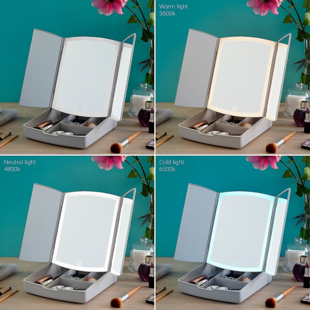 3-In-1 Folding LED Mirror with Make-up Organiser Panomir