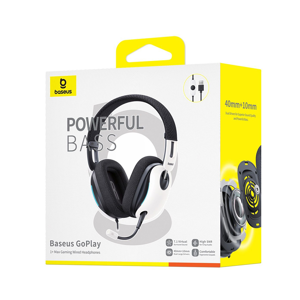 Wired Gaming Headset, Detachable Microphone, LED Ambient Light - Baseus GoPlay 1 Max (A00181003213-00) - Moon White
