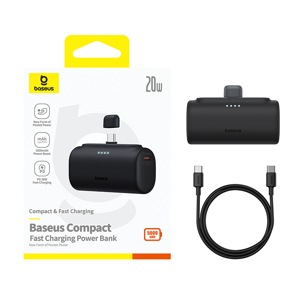 External Type-C Battery Type-C, 20W, 5000mAh + Type-C Cable - Baseus (P10068306113113-00) - Black